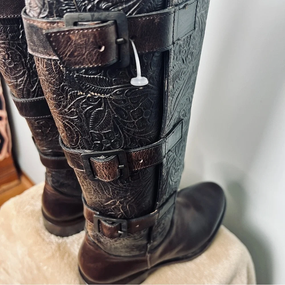 J.B. Dillon Maddie Tall Embossed Leather Harness Boots Brown Women’s 8.5B